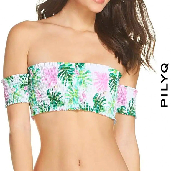Pilyq Tropical Floral Smocked Off Shoulder Reversible Bikini Top Nwt Cup Size D